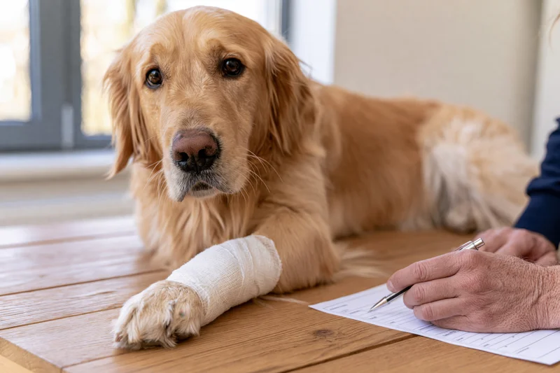 Golden retriever with bandaged paw lying on wooden table while owner fills out form
