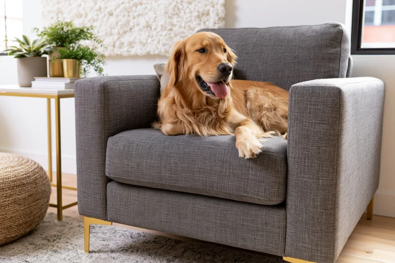 Golden retriever lying relaxed on a gray fabric armchair in a living room