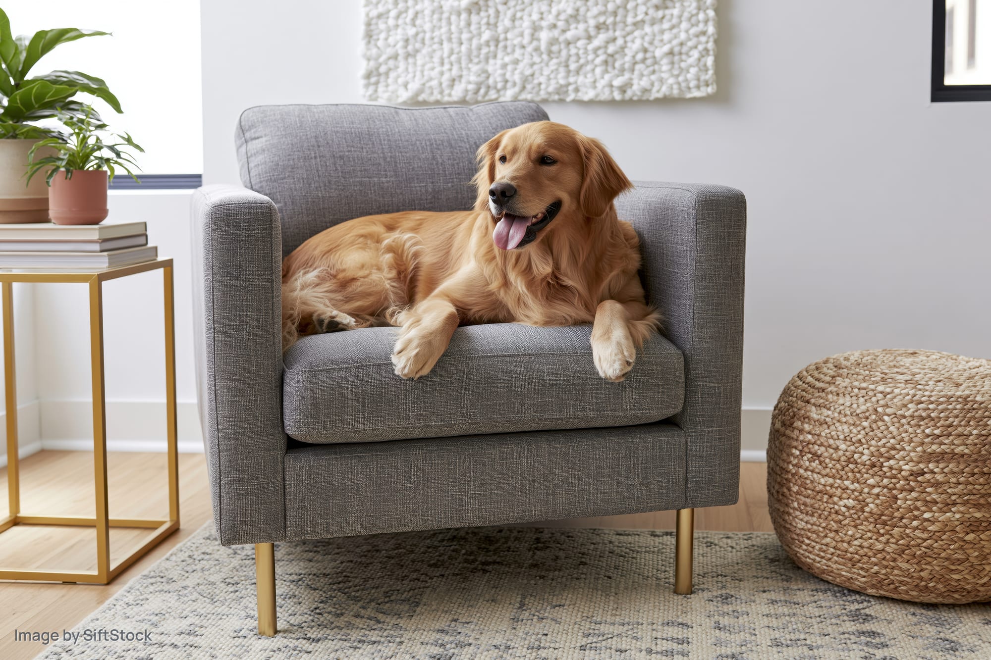 Golden retriever lying relaxed on a grey fabric armchair in a living room