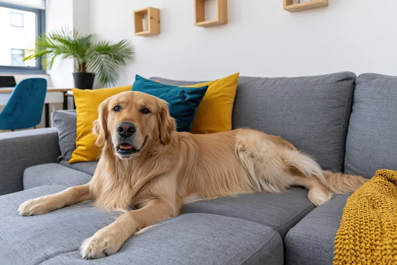 Golden retriever lying relaxed on a grey sectional sofa in a bright living room with colorful cushions and a potted plant