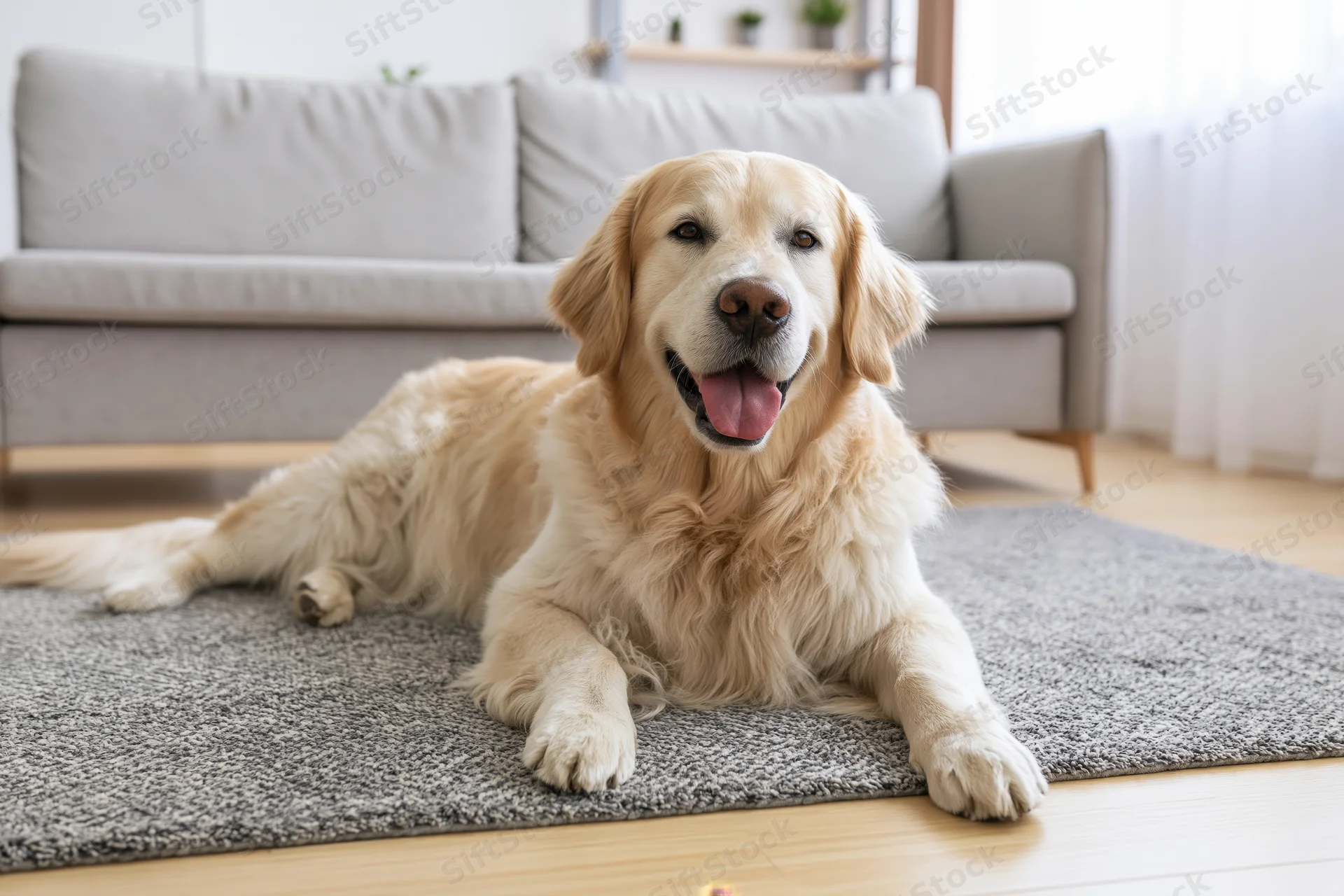 Golden retriever lying relaxed on grey textured rug in living room
