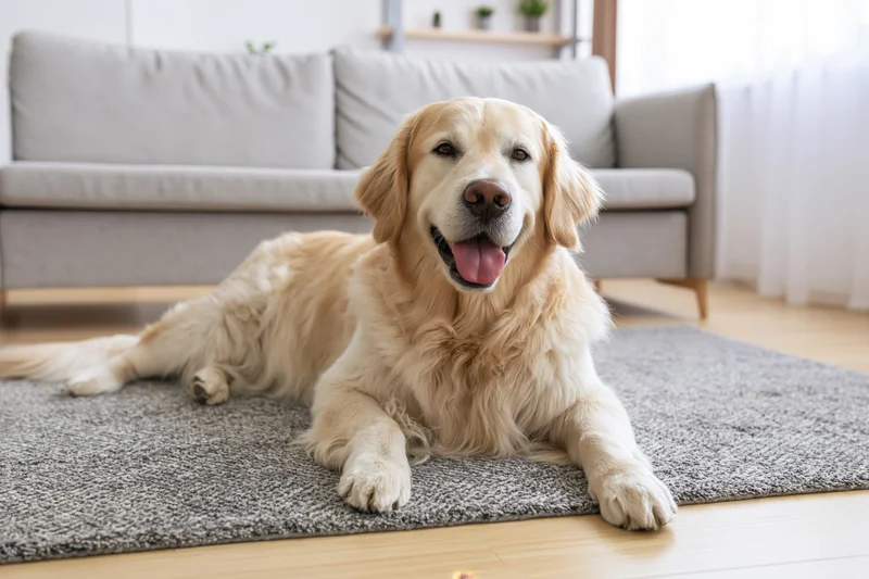 Golden retriever lying relaxed on grey textured rug in living room