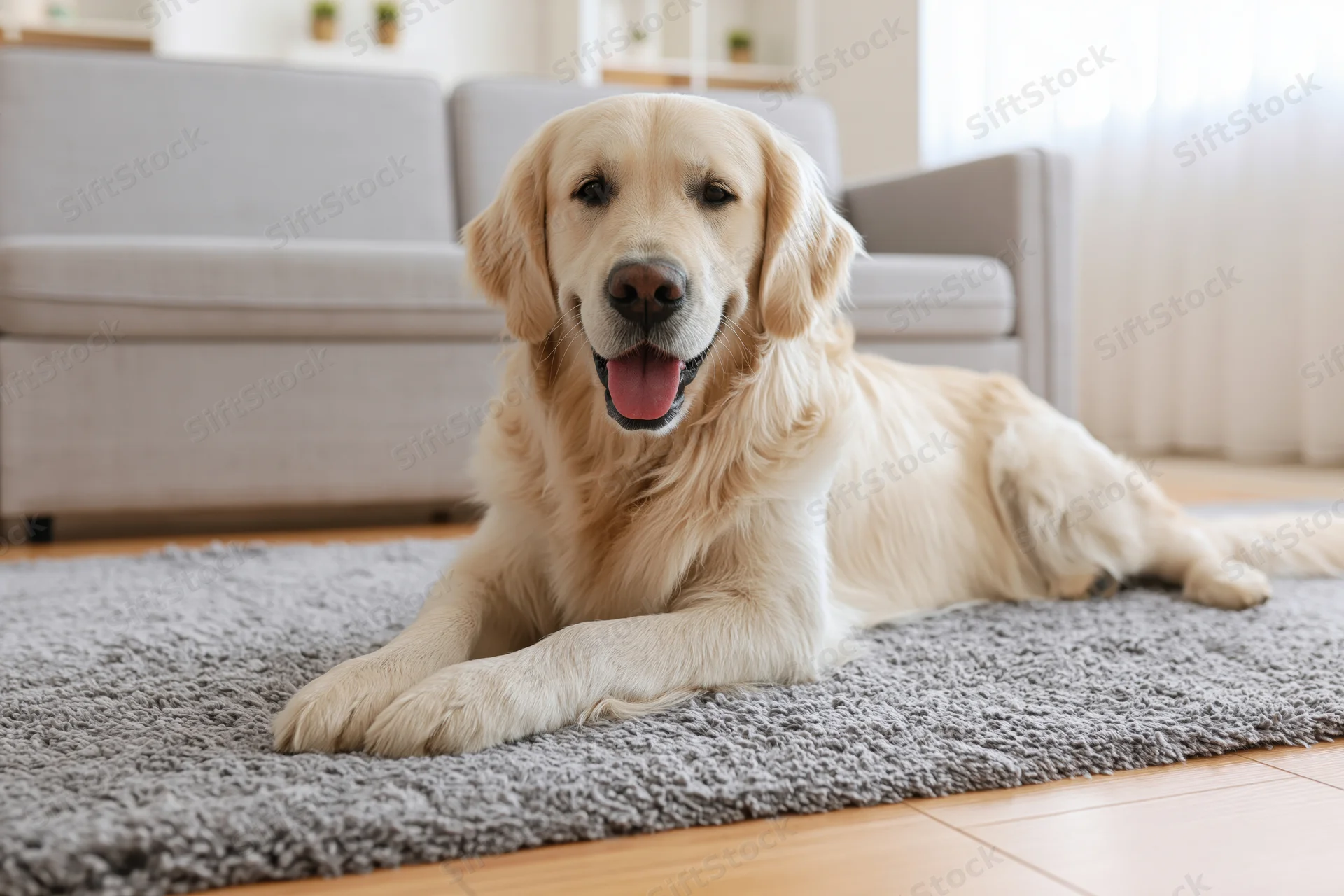 Golden retriever lying relaxed on grey textured rug in living room