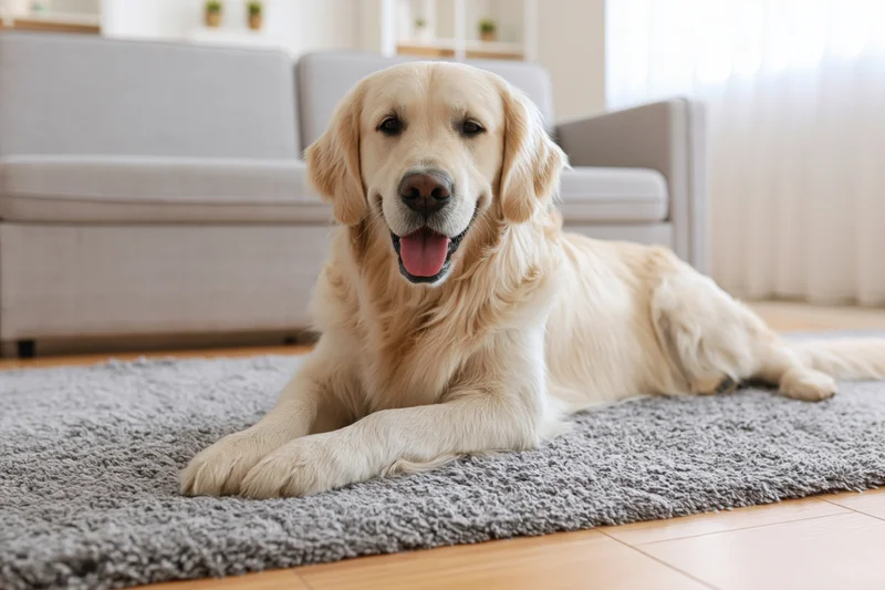 Golden retriever lying relaxed on grey textured rug in living room
