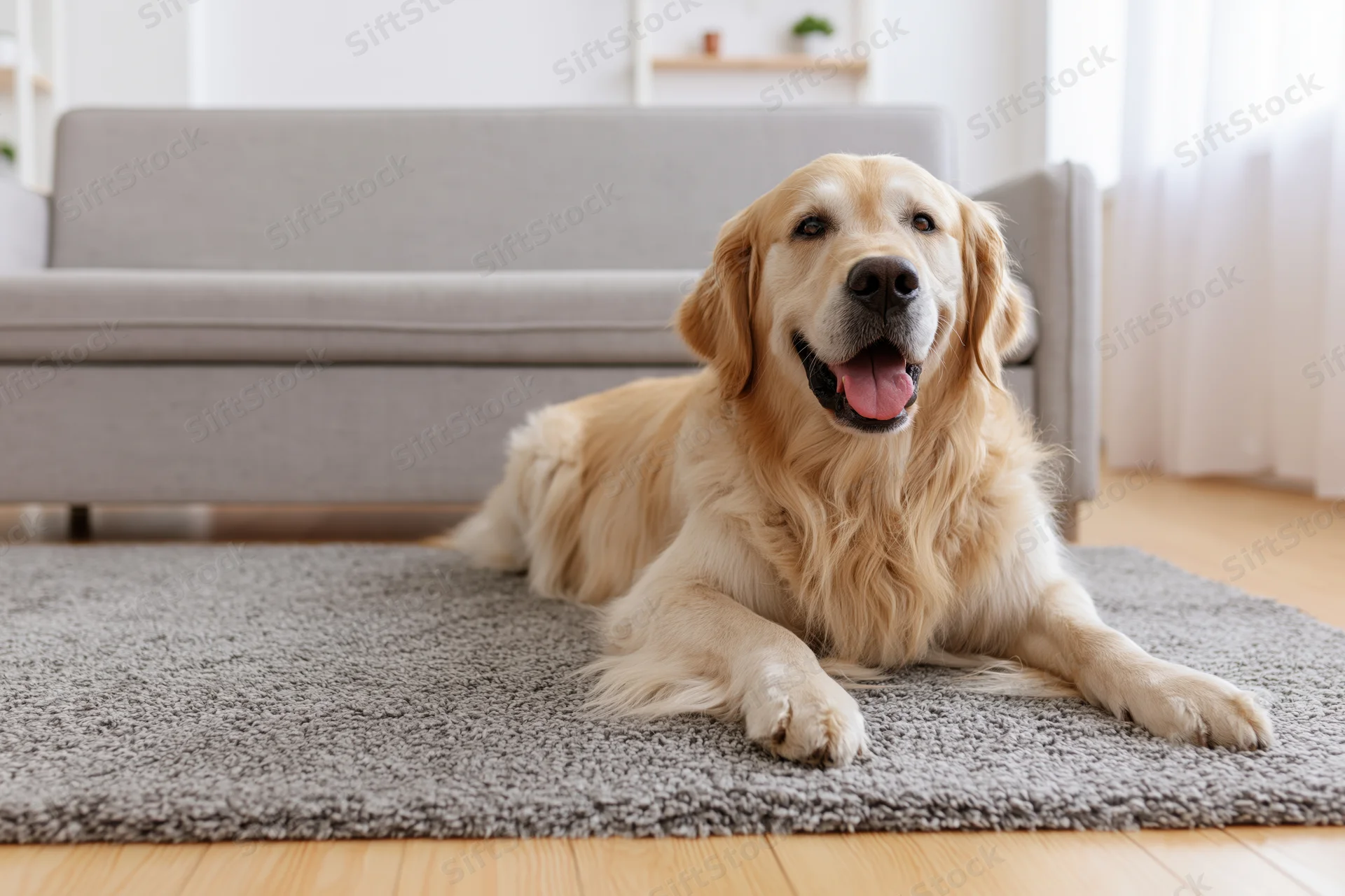 Golden retriever lying relaxed on grey rug in living room with sofa and window