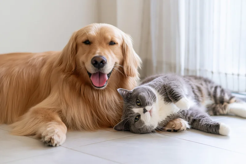 Golden retriever lying relaxed on light tile floor beside a tabby cat