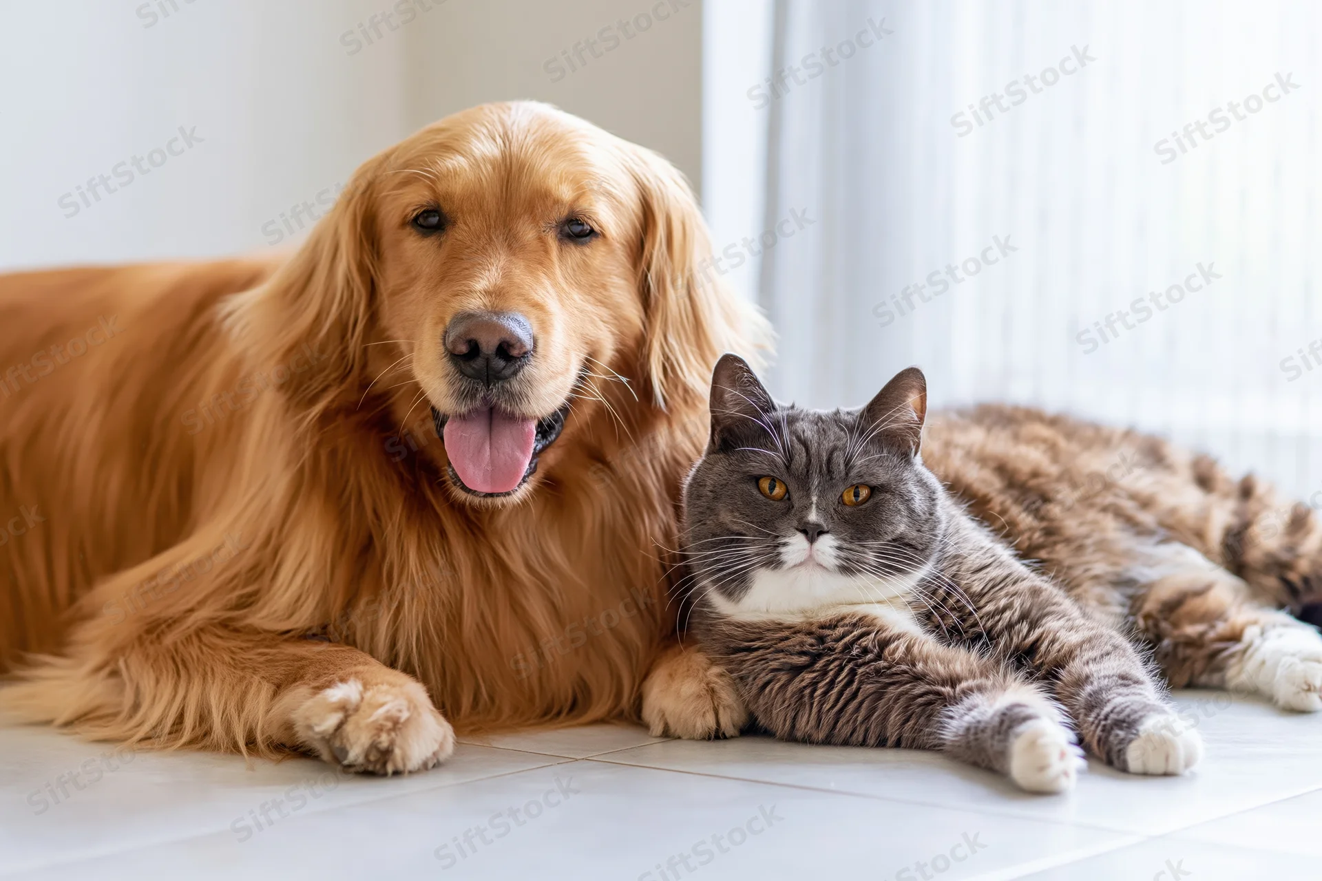 Golden retriever and tabby cat lying together on light tile floor near window