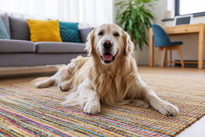 Golden retriever lying relaxed on a woven striped rug in a living room