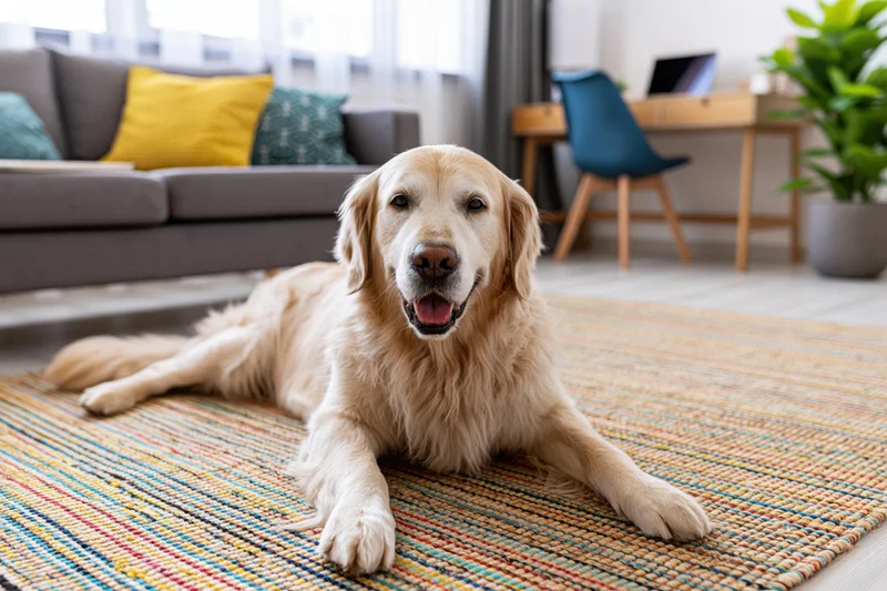 Golden retriever lying relaxed on a woven striped rug in a living room