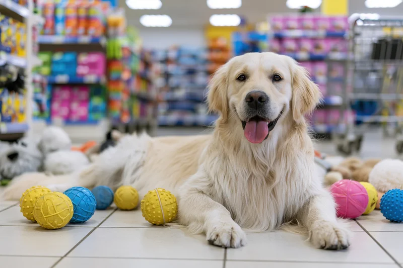 Golden retriever lying relaxed on tile floor surrounded by colorful dog toys in pet store aisle