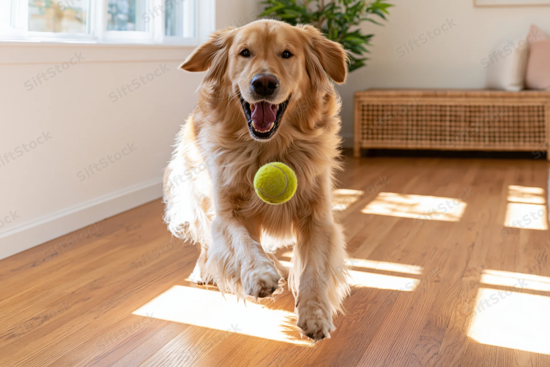 Golden retriever mid-leap chasing a tennis ball indoors on hardwood floor