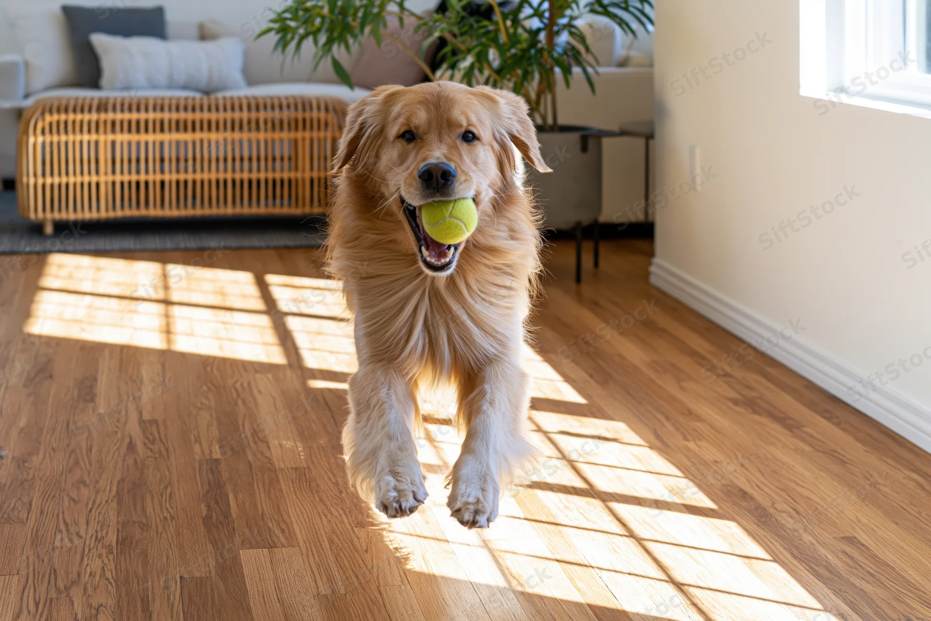 Golden retriever running indoors with tennis ball in mouth on hardwood floor