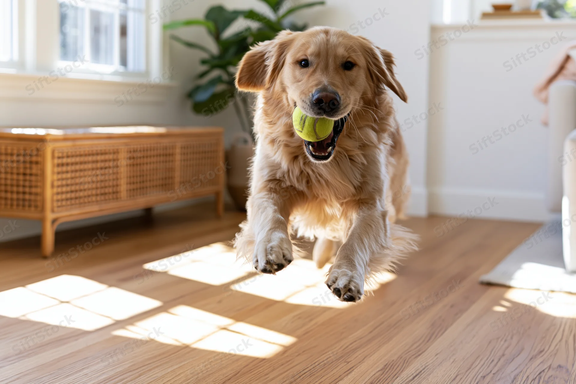 Golden retriever mid-leap with tennis ball in mouth indoors on hardwood floor