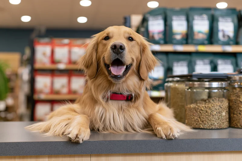 Golden retriever resting front paws on pet store counter with jars of kibble behind