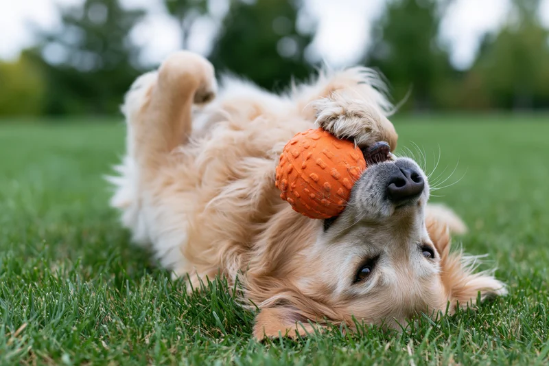 Golden retriever playing with orange ball on grass, lying on back, outdoors