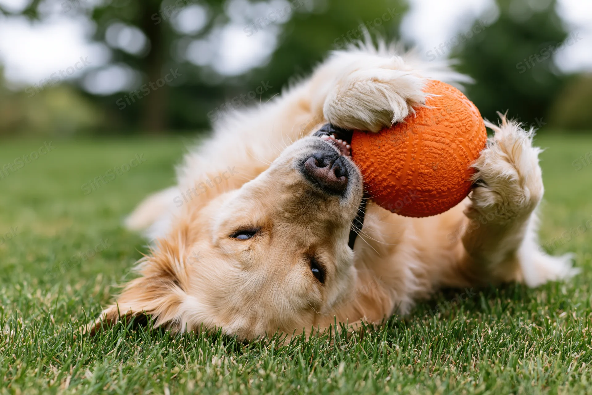 Golden retriever playing with orange ball on grass