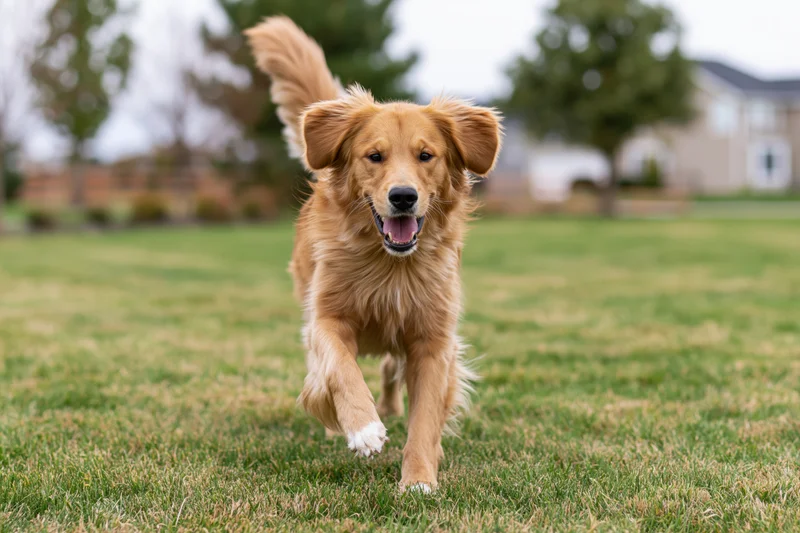 Golden retriever running toward camera across a grassy yard in a suburban neighborhood