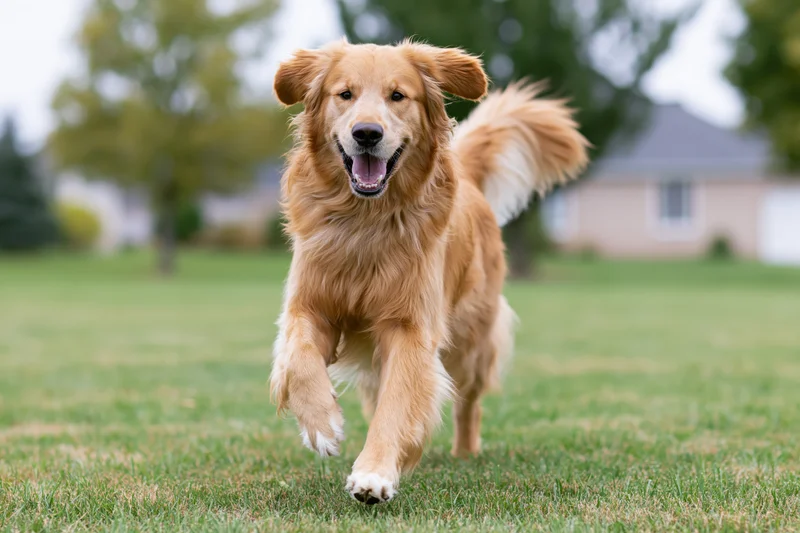 Golden retriever running full speed toward camera across a grassy yard