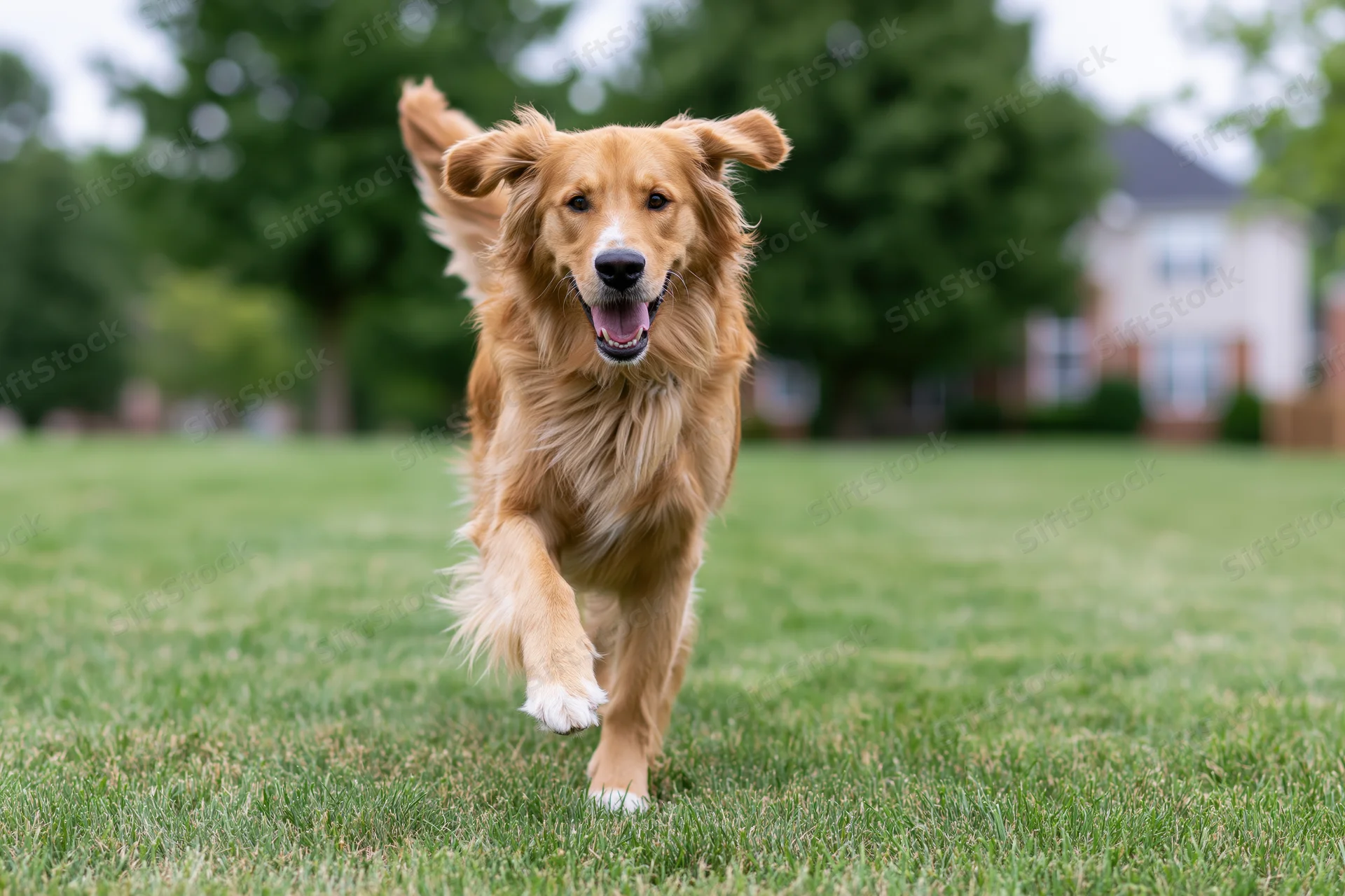 Golden retriever running full speed toward camera across a grassy yard