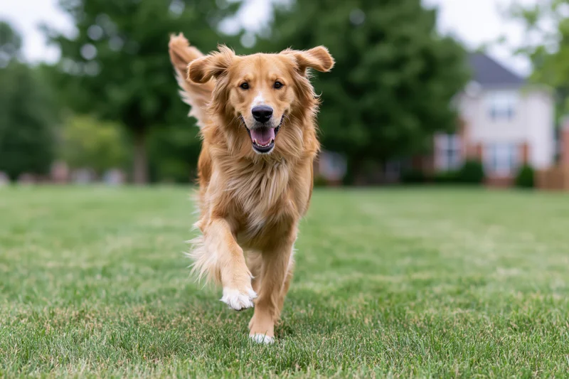 Golden retriever running full speed toward camera across a grassy yard