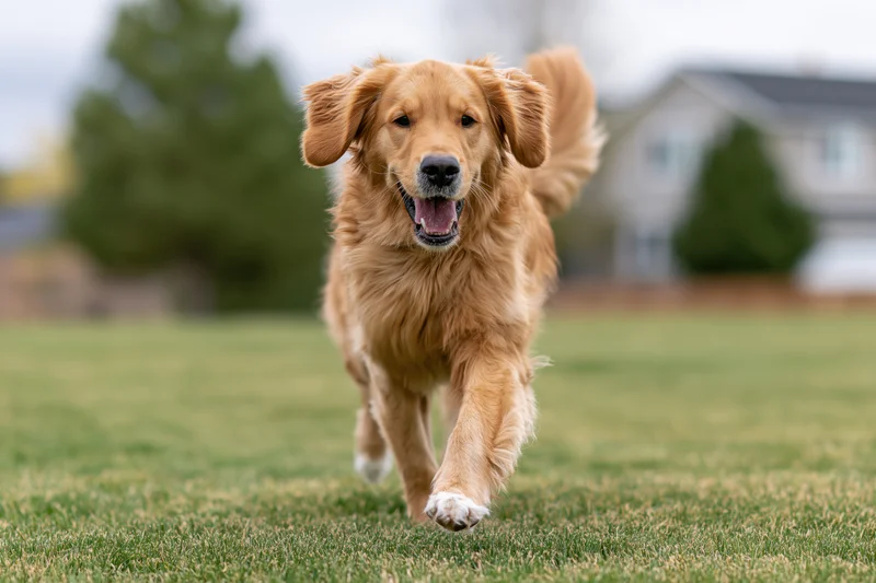 Golden retriever running full speed toward camera across a grassy yard