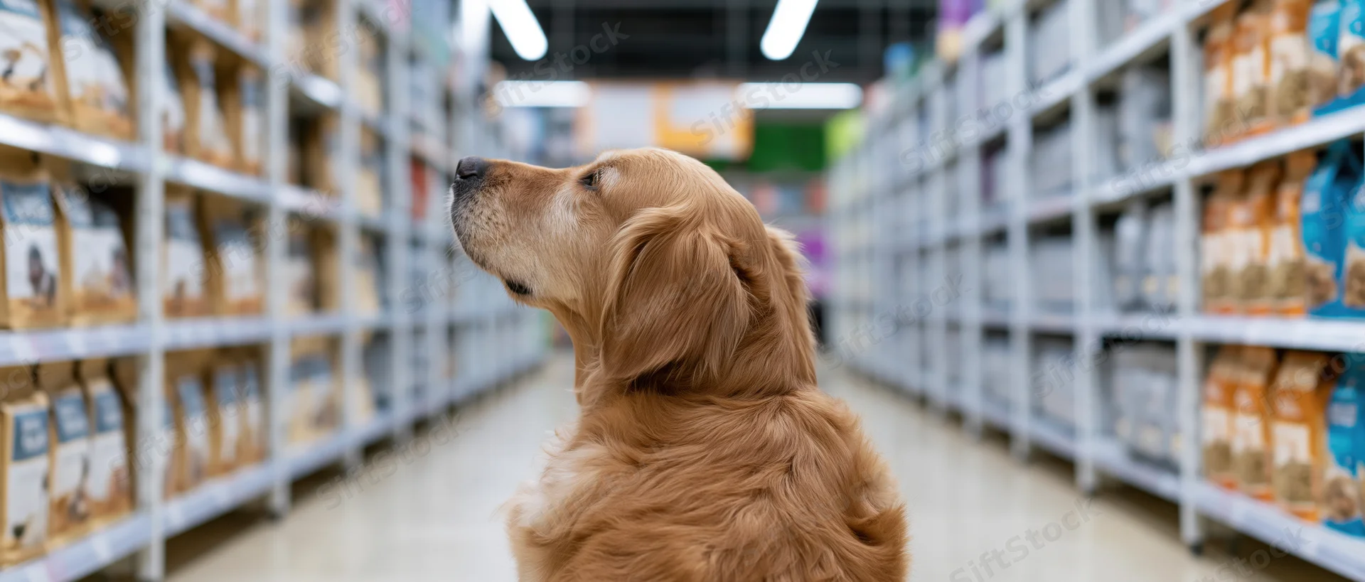 Golden retriever sitting in a pet store aisle looking up at shelves of dog food