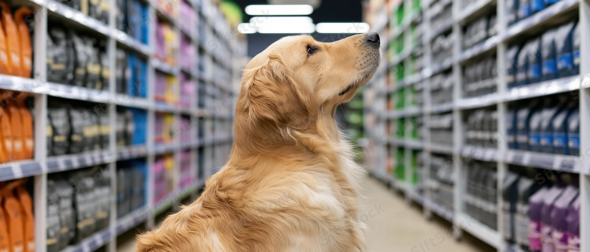 Golden retriever sitting in a pet store aisle head tilted upward