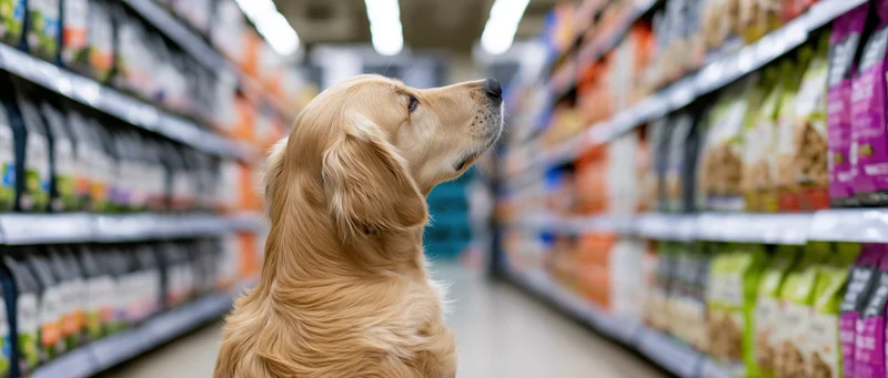 Golden retriever sitting in a pet store aisle looking up at shelves of pet food