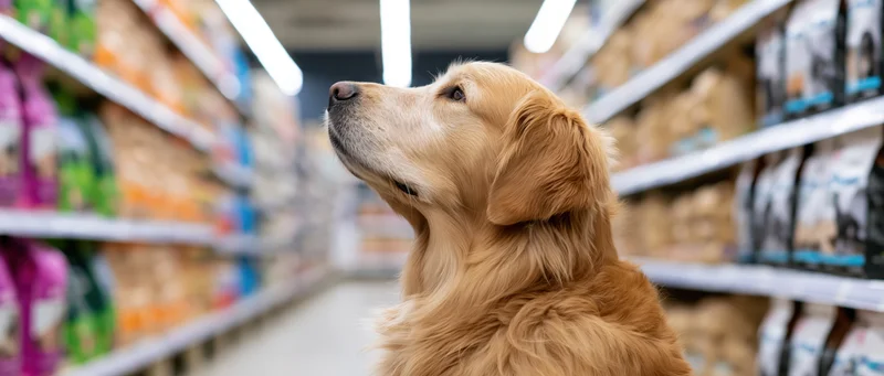 Golden retriever looking up in a pet store aisle between shelves of dog food bags