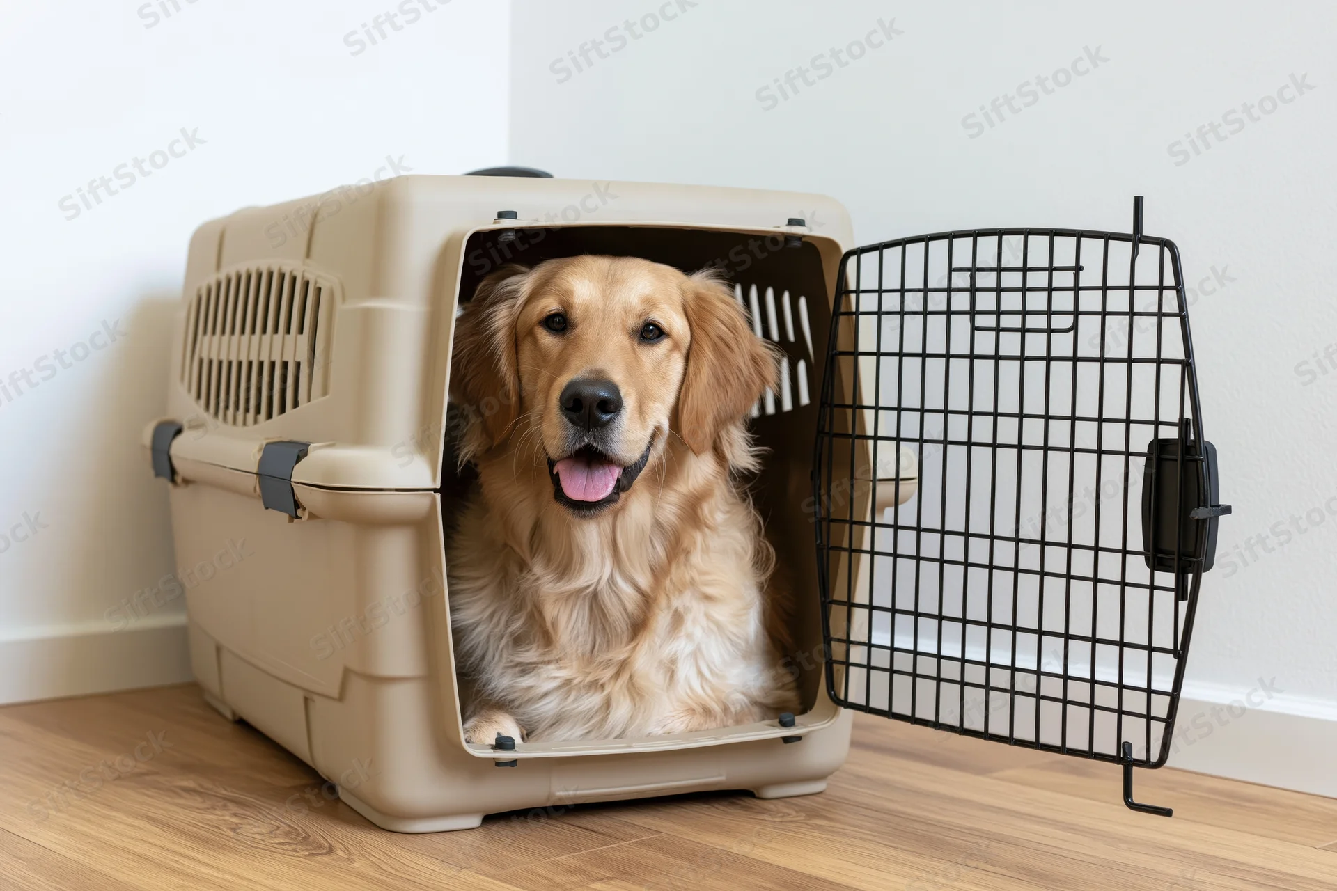 Golden retriever sitting inside open plastic pet travel crate on wooden floor indoors