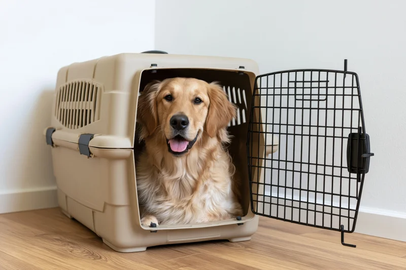Golden retriever sitting inside open plastic pet travel crate on wooden floor indoors