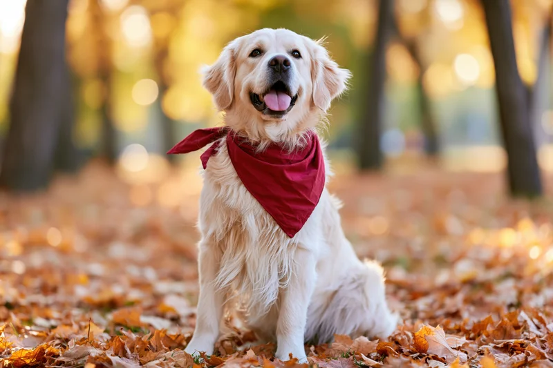 Golden retriever sitting on fallen autumn leaves in a sunlit park