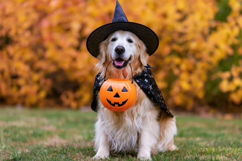 Golden retriever in witch costume holding pumpkin bucket on grass during autumn