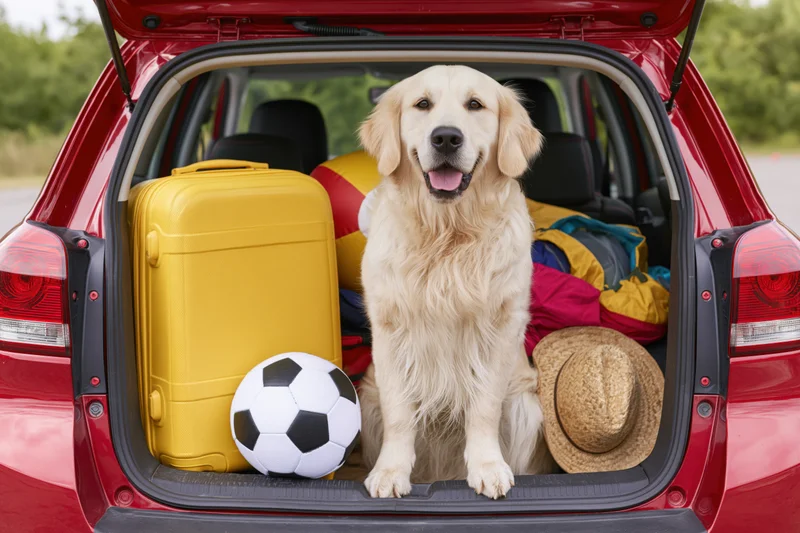 Golden retriever sitting upright in open car trunk beside luggage and soccer ball, ready for vacation