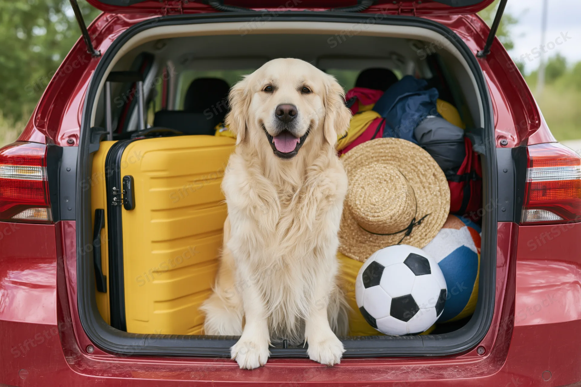 Golden retriever sitting upright in open car trunk beside yellow suitcase and soccer ball, packed for travel