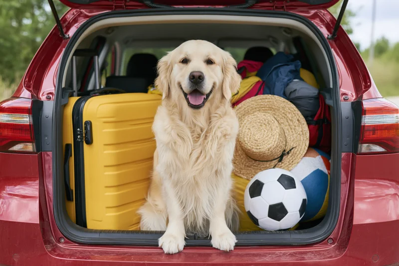 Golden retriever sitting upright in open car trunk beside yellow suitcase and soccer ball, packed for travel