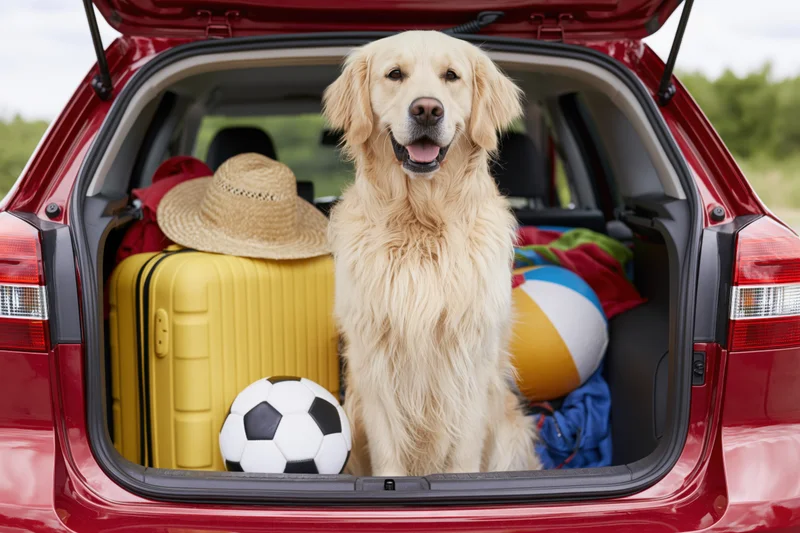 Golden retriever sitting upright in open car trunk beside luggage and beach gear for summer vacation