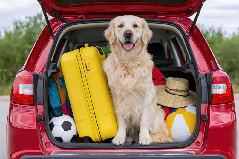 Golden retriever sitting upright in open car trunk beside yellow suitcase and beach gear