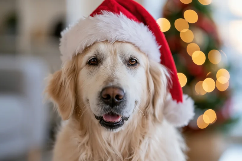 Golden retriever wearing santa hat indoors with blurred christmas lights in background