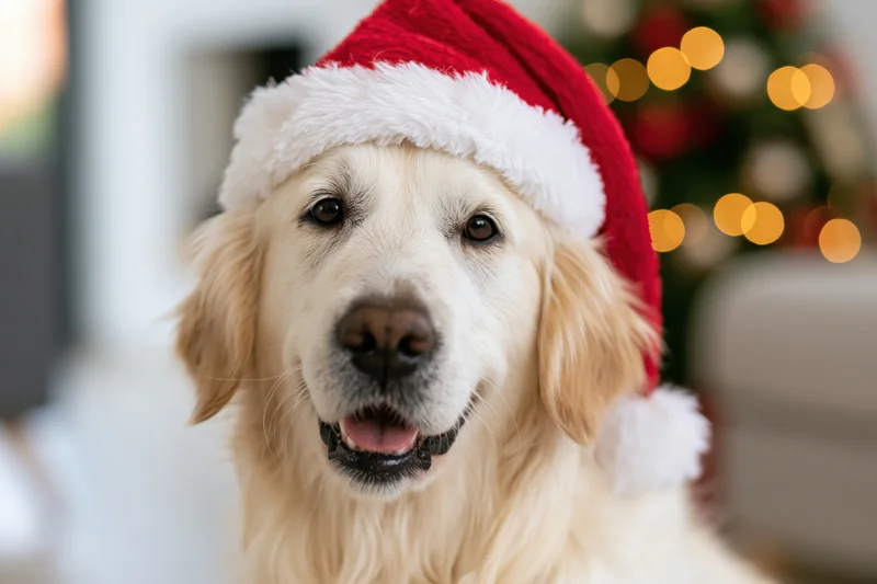 Golden retriever wearing santa hat indoors with festive lights in background