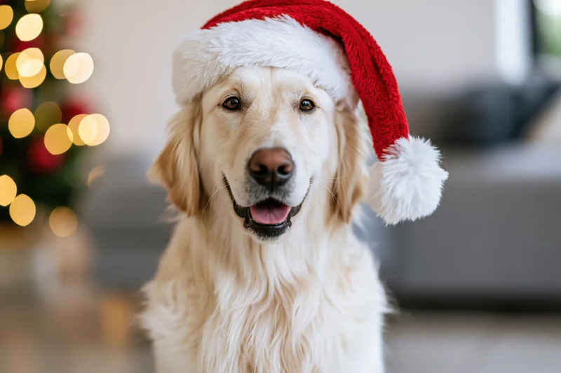 Golden retriever wearing santa hat sitting indoors near christmas lights