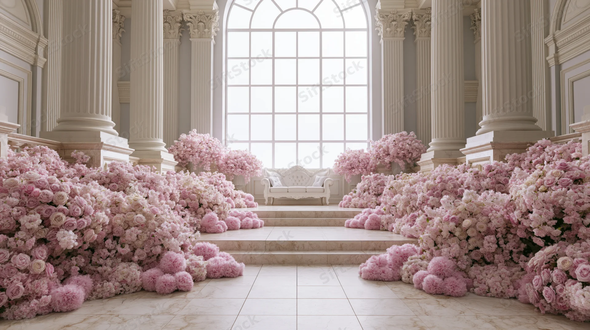 Neoclassical ballroom interior with ornate columns and pink floral arrangements framing a white sofa by a large arched window