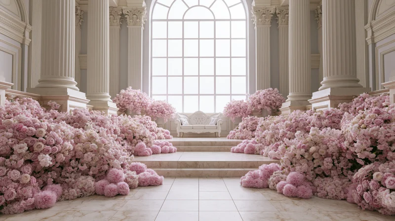 Neoclassical ballroom interior with ornate columns and pink floral arrangements framing a white sofa by a large arched window