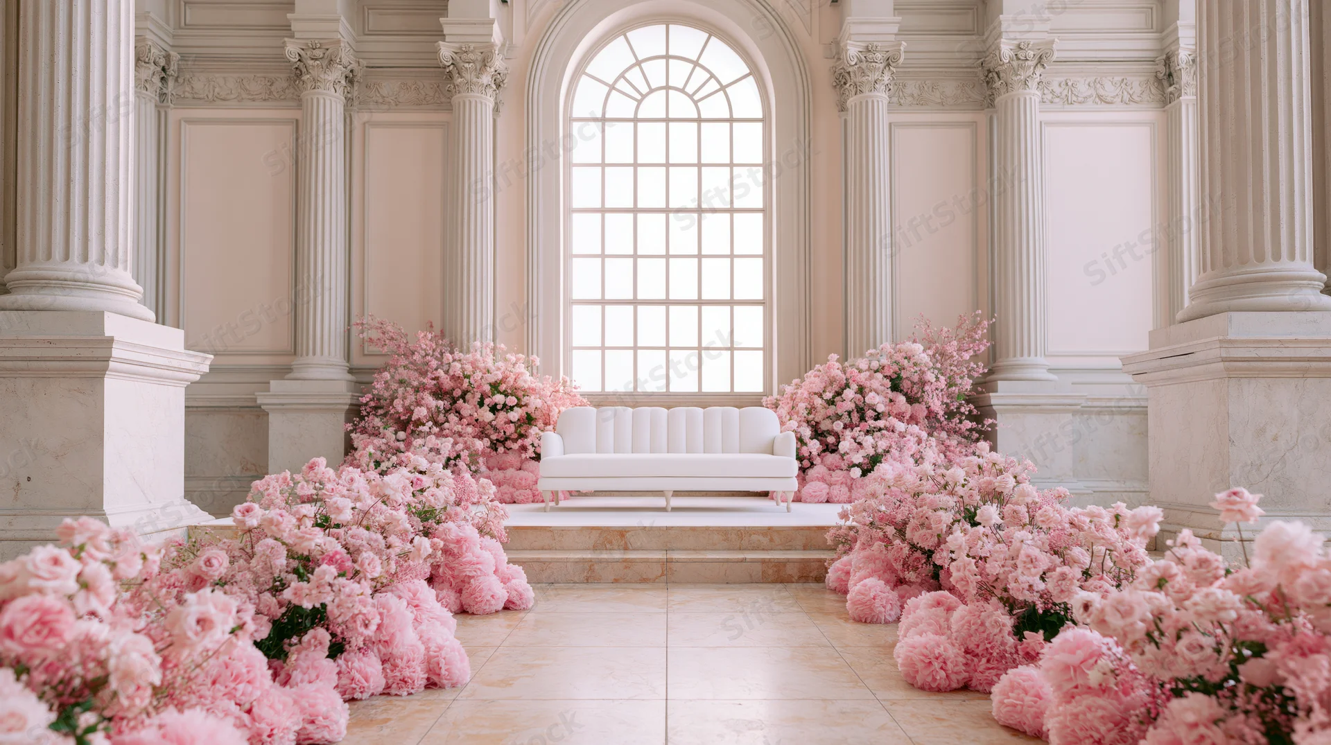Neoclassical ballroom interior with ornate columns and pink floral arrangements framing a white sofa under an arched window