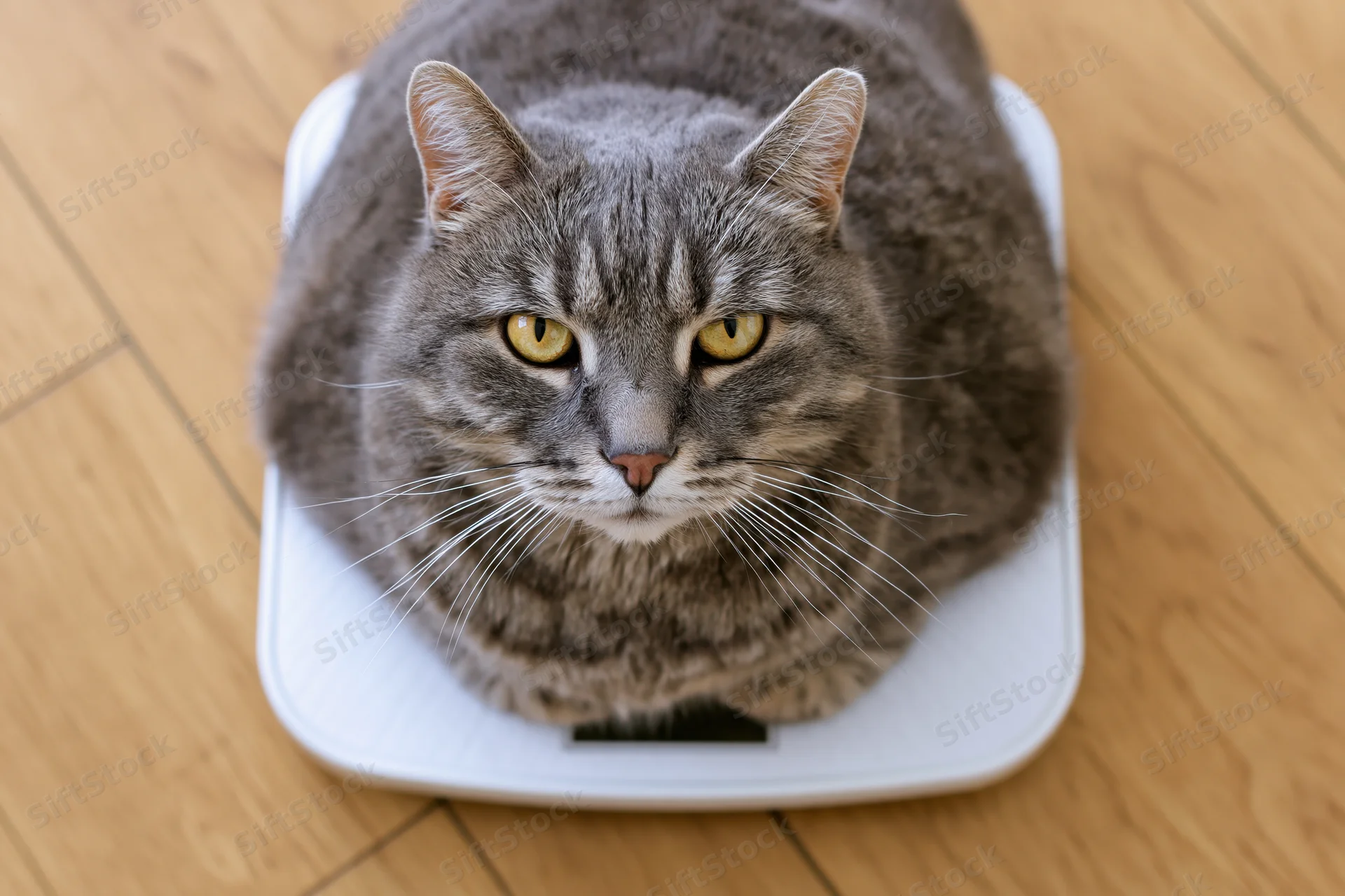 Gray tabby cat sitting loafed on white digital bathroom scale on wooden floor