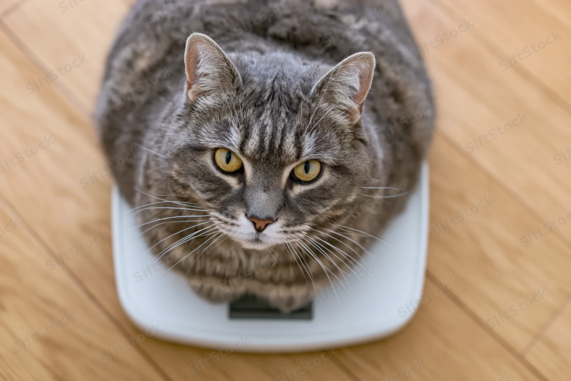 Gray tabby cat sitting loafed on white digital scale on wooden floor