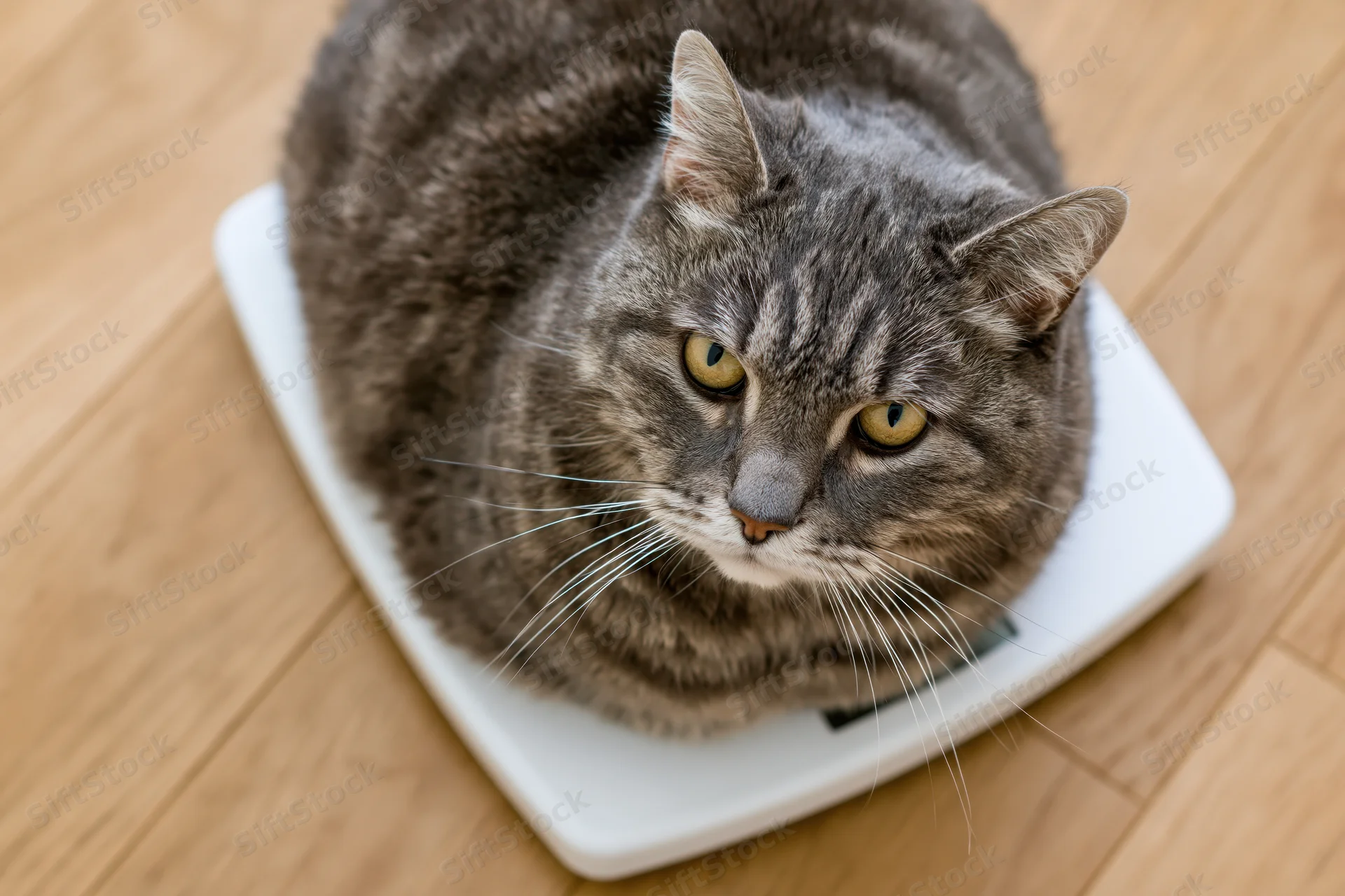 Gray tabby cat sitting loafed on white digital bathroom scale on wooden floor