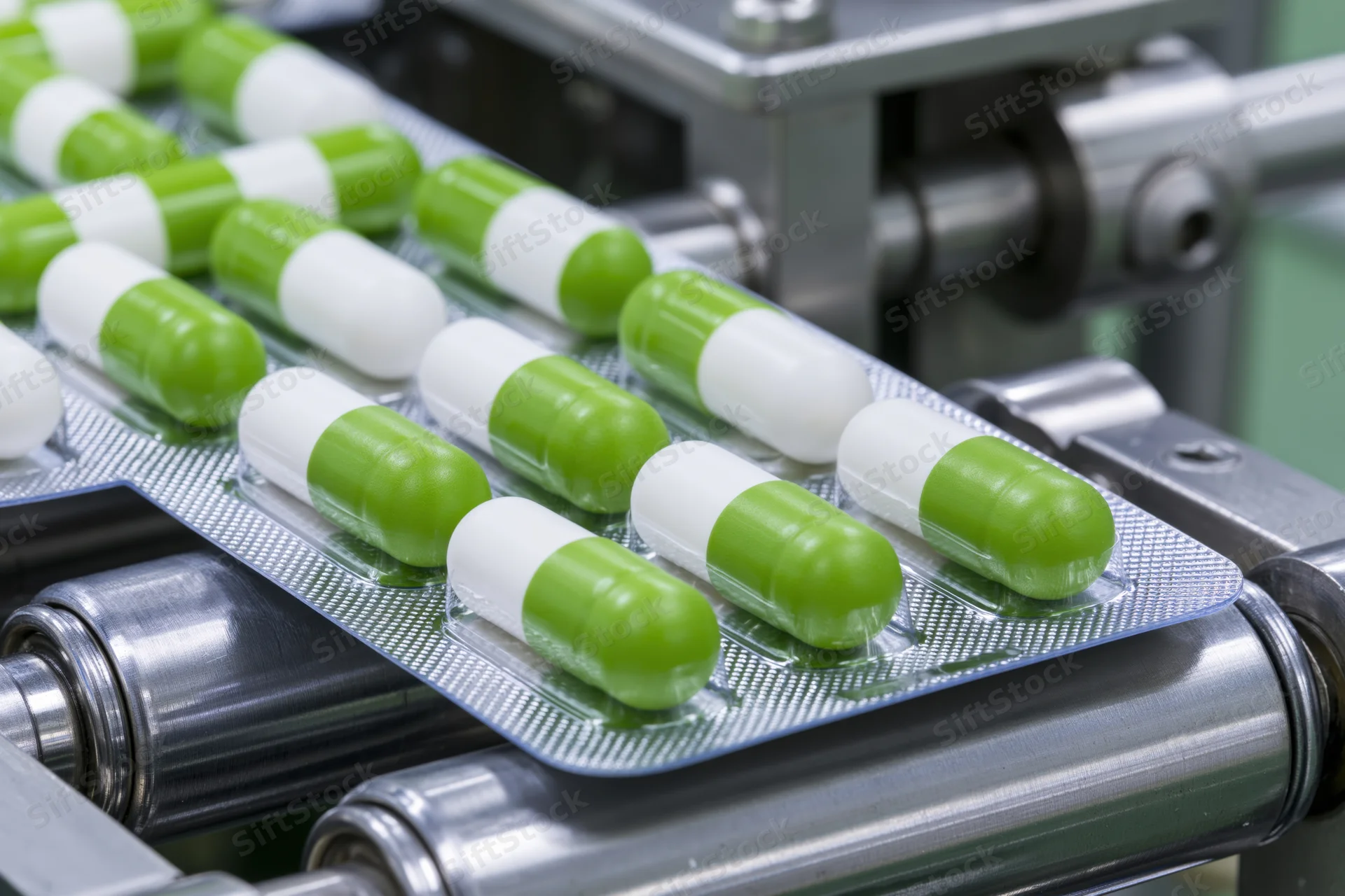 Green and white capsule pills in blister packs moving along a conveyor belt in a pharmaceutical manufacturing facility
