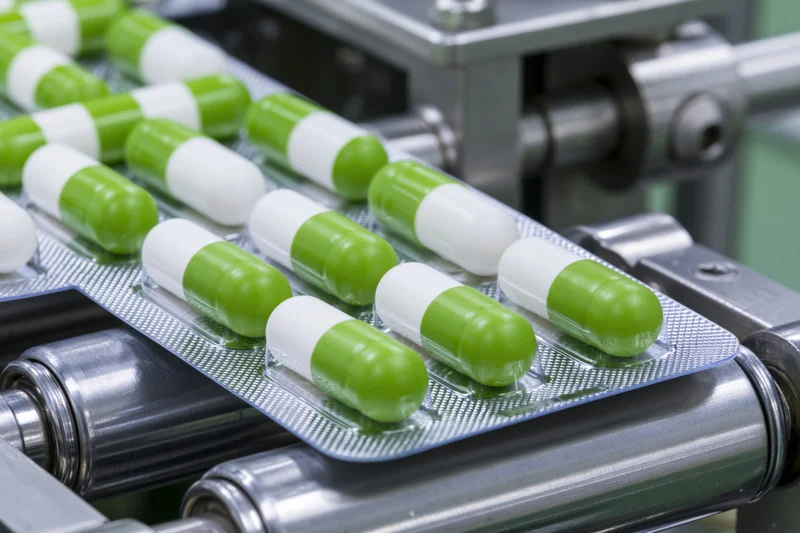 Green and white capsule pills in blister packs moving along a conveyor belt in a pharmaceutical manufacturing facility
