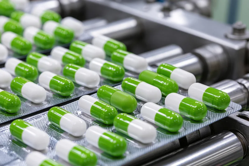 Green and white capsule pills in blister packs moving along a conveyor in a pharmaceutical manufacturing line